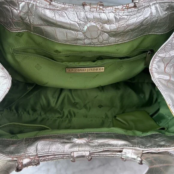 Donald J Pliner Printed Metallic Croco Purse Handbag Clutch Satchel Leather - Picture 5 of 12